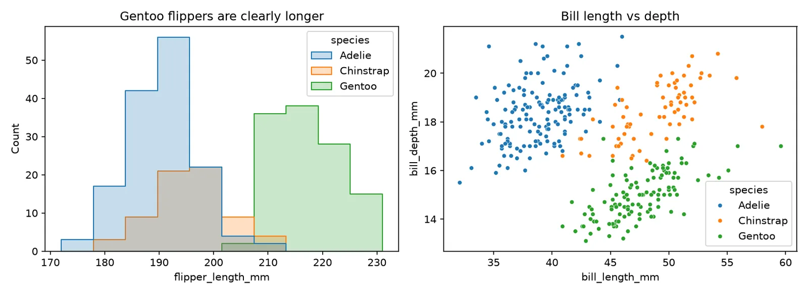 Histogram of flipper length by penguin species and scatter plot of bill length versus bill depth, from the Palmer Penguins data